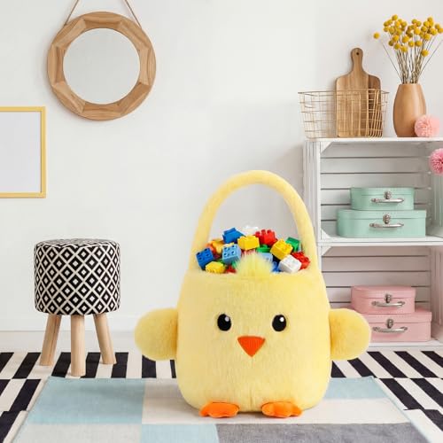 Leinuosen Easter Basket Stuffed Animals Chick Yellow Easter Egg Hunting Baskets Cute Festivals Gift Bags Buckets for Tote Bags for Decorations Candy Gifts Storage - style: Chick