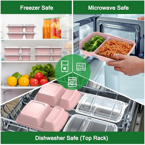 Dealusy 50 Pack 28 oz Meal Prep Containers with Lids 2-Compartment, Pink | Sturdy Leakproof & Food Safe, Microwave, Freezer, Dishwasher Safe Prep Containers, To Go Take Out Plastic Food Storage - color: Pink