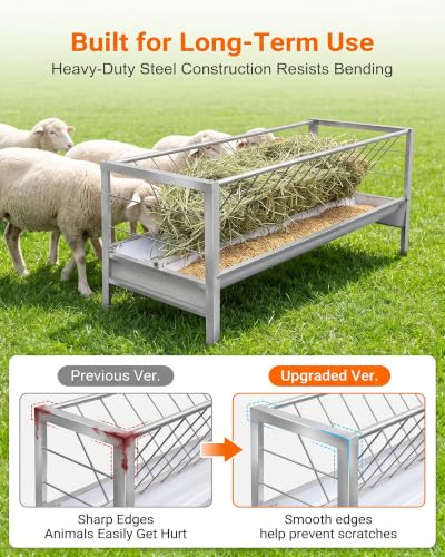 5.5 Ft Long Goat Hay Feeder with Deeper Feeding Pan, 98 Gallon Capacity Livestock Hay Feeder, 2 in 1 Grain & Hay Feeder, Galvanized Steel Grain Holder for Goats, Sheep and Ponies