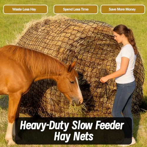 Heavy Duty Slow Feed Hay Net for Horses, 5x5x5 Ft Round Bale Hay Feeder Net | 1.5 Inch Knotless Mesh Weather Resistant Feeding Net to Reduce Hay Waste for Stable, Pasture & Farm Livestock - size: 5x5 Ft