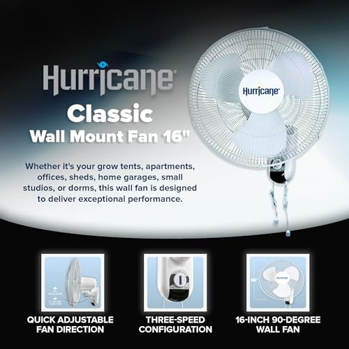 Hurricane Classic Oscillating Wall Mount Fan, 3 Speeds, White-16in, 2 Pack | Corded Electric Air Cooling Unit w/ Easy Pull Cord Controls for Home, Grow Tents, Offices, Sheds, Studios, Garages & Dorms - style: 16" Classic