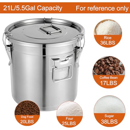DYNAMI 5.5Gal 304 Stainless Steel Airtight Container with Lid and Locking Clamp,17-38Lbs Metal Bucket Stainless Steel Drum Large Canister for Kitchen,Dog Food/Bird Seed/Coffee Storage Container(21L)