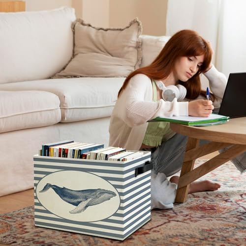 Coastal Beach Whale Storage Bins Box with Handles, Blue Striped Beachy Ocean Whale Marine Biology Collapsible Basket Organizer for Bedroom Bathroom Books Clothes - color: Color09