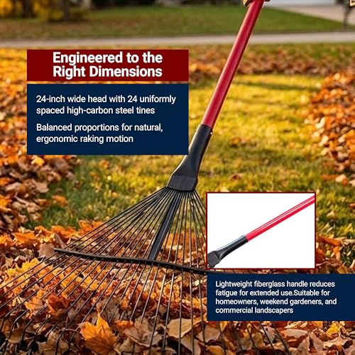 24-Tine Thatching Garden Rake for Leaves | Heavy Duty Metal Leaf Rake | Dethatching Large Leaves and Yard Debris, 23.5" Wide 68" Fiberglass Long Handle Rakes for Gardening 100% Made in USA | 23.5" Wide, Heavy Duty Metal Leaf Rake for Gardening, Dethatchin