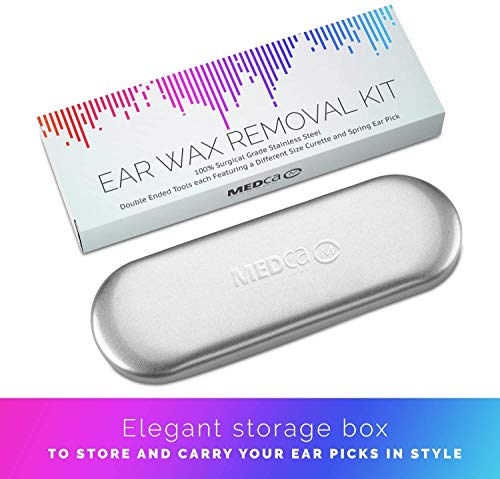 Stainless Steel Ear Curette Cleansing Kit - 6 Piece Set with Spiral Spring Pick Unclogger, Thorough Ear Wax Removal and Storage Case