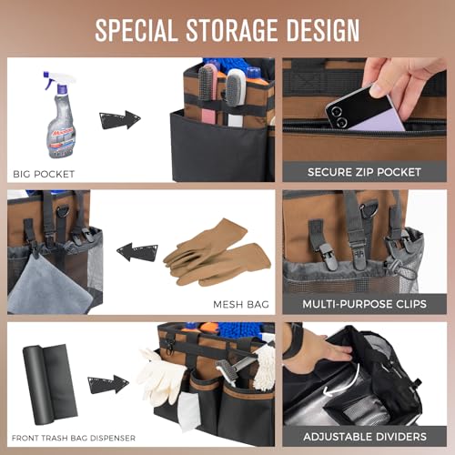 SCAVATA Wearable Cleaning Caddy, Cleaning Caddy Supplies Organizer with Handle & Shoulder Straps for Housekeepers, Under Sink & Car Cleaning Tool Organizers Bag with 4 Foldable Divider (Brown) - color: Brown