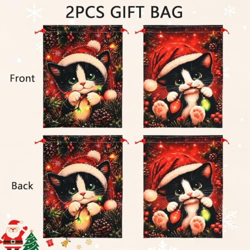KzgtY Christmas Cat 2PCS Gift Bags with Drawstring, 16 x 12 Inch Reusable Present Sacks for Christmas,Brithday, Holidays,Parties & Gift Packaging - color: Christmas Cat
