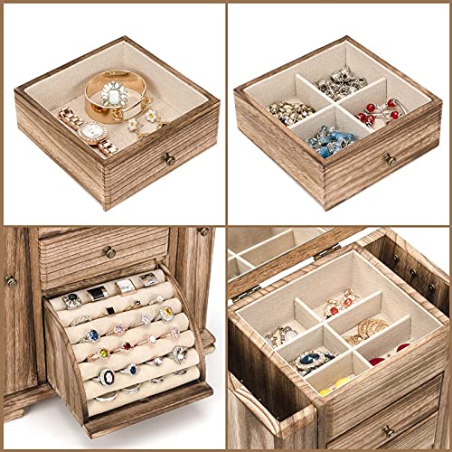 Emfogo Jewelry Box for Women, Rustic Wooden Jewelry Boxes & Organizers with Mirror, 4 Layer Jewelry Organizer Box Display for Rings Earrings Necklaces Bracelets (Rustic Brown) - color: Rustic Brown