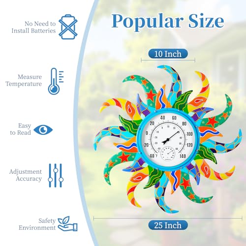 Sun Indoor Outdoor Thermometer & Hygrometer Combo, 25'' Outdoor Wall-Mounted Thermometer, No Need Battery, Easy to Read Decorative Outside Thermometer for Patio, Garden,Offices,Living Room,Kitchen