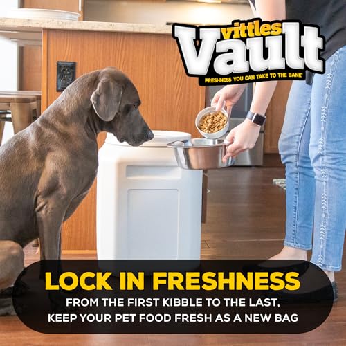 Vittles Vault Airtight Pet Food Storage Container + Scoop, Fits Up to 50lbs | Stores Dog Kibbles, Bird Seed, Oatmeal, Rice, Flour and Cereal in BPA Free Plastic, Sealed Airtight, Made in USA, with Scoop - size: 14.0"L x 14.0"W x 20.2"H