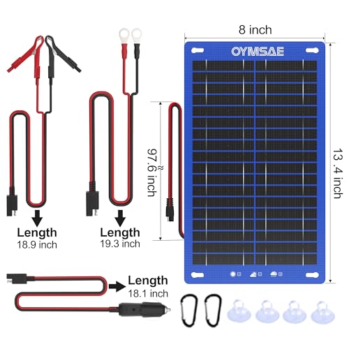 OYMSAE 12W 12V Portable Waterproof Solar Panel Trickle Charger & Maintainer | Portable Waterproof Solar Panel Kit | Intelligent Safety Protections | for Boat, Marine, RV, Automotive, Motorcycle, Trailer - size: 12W