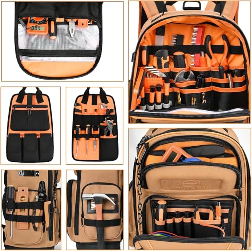LOKASS 18.1-Inch Heavy-Duty Tool Backpack, 75 Pockets, Brown | 110 lbs Load Tested, 1680D Tear-Resistant Fabric, Removable Tool Panel, Combination Lock, Electricians, HVAC Pros - color: Brown