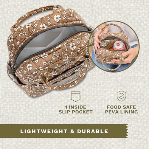 Bella Taylor Lunch Tote, Quilted Lunch Bag, Vintage Vine Brown | Lightweight quilted cotton lunch box, easy-to-clean PEVA lining, 3 outside/1 inside pocket, durable construction - color: Vintage Vine Brown
