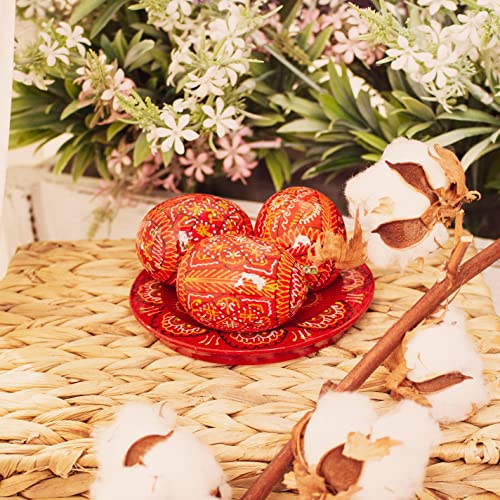 LOVARE Red Vintage 2.0'' Hand Painted Wooden Ukrainian Easter Egg Ornaments (Pysanky) - Set of 3 Mini Chicken Eggs on Plates by QG Group
