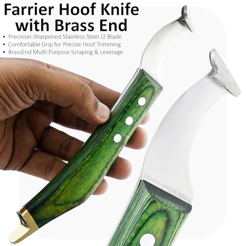 – Super Sharp Hoof Knife with Brass End | Precision-Sharpened Stainless Steel Blade & Wooden Handle | Pro Farrier Hoof Trimming Tool for Horses & Equine (Green, Left-Hand)