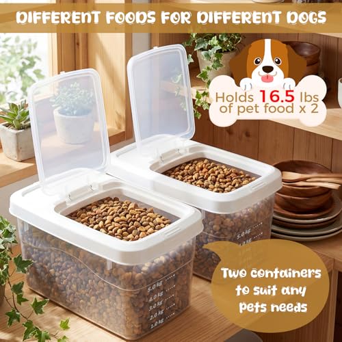 2 Pack 11 Lbs Airtight Dog Food Storage Container with Scoops | 2 Measuring Cups, Flip Lids, Clear Bins with Markings, Preserve Freshness, Pet Dog Cat Rice Grain Treat Storage - size: 11 Lbs
