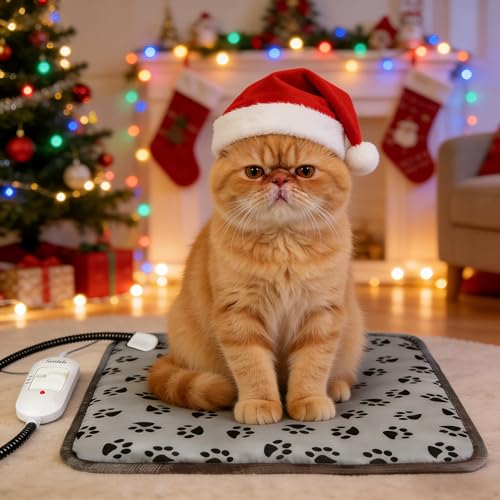 Cat Heating Pad 18'' × 18'' Self-Warming Pet Bed, Electric Heated Dog & Cat Pad, Waterproof, Temperature Adjustable, Fast Heating, Safe Thermostat for Kittens Puppies Small Pets