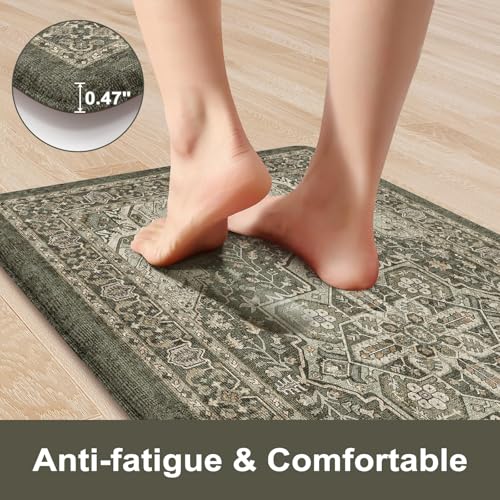 KIMODE Anti Fatigue Mats for Kitchen Floor, Boho Kitchen Rugs Sets of 2 | 17"x47"+17"x29" Cushioned Kitchen Floor Mats, Comfort Standing Mat for Laundry, Office, Sink, Desk Dormitory Dark Green - color: Dark Green, size: 17.3" x 47"+17.3" x 29"--0.47 inch