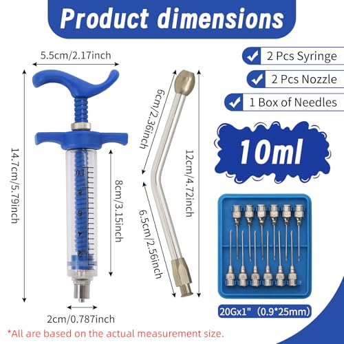 2 Pcs Goat Syringe Reusable Adjustable Goat Drench Syringe with 2 Drench Nozzle and Needles, Feeding Supplies for Cattle, Sheep, Goats, Horse, Pig, Dog (Blue, 10ML) - color: Blue, size: 10ML