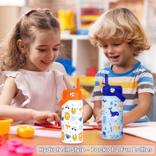 SANDJEST Kid Water Bottle 12oz with Straw Lid - 2-Pack Insulated Stainless Steel Water Bottles for Kids Girls - Travel Cup for Back to School Sports Christmas Birthday (Animals & Sea Animals) - color: Ocean Animal + Animal