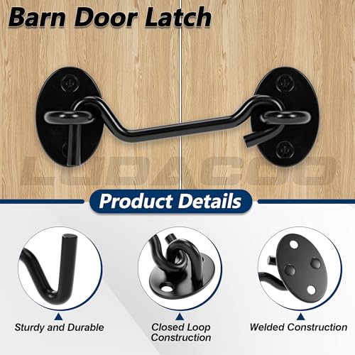 4" Hook and Eye Gate Latch, Sturdy Thickened Barn Door Lock Door Latch Hardware for Gates, Windows, Fences, Cabinets, and Sheds, Black, 1 Pack - size: 4 Inch
