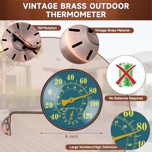 6 Inch Outdoor Thermometer and Humidity Gauge, Brass Analog Dial | Window Thermometer for Outside Temperature & Humidity Monitor, Battery Free for Patio Garage Greenhouse Garden Wall - color: Green, size: 6 Inch