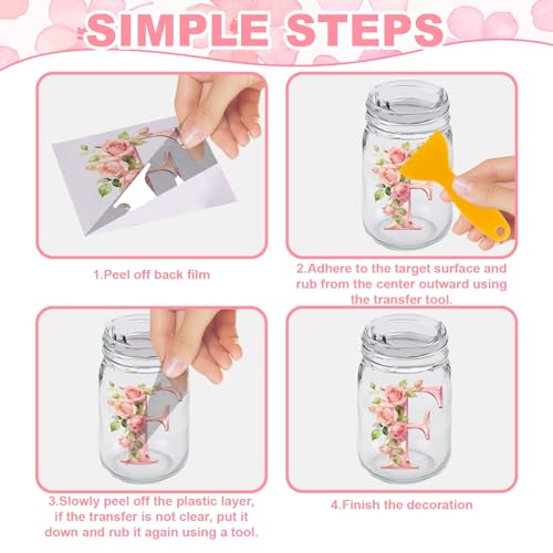 GLOBLELAND 56 Sheets 26 Floral Letters Rub on Transfer Stickers with Storage Box 3.9x3.6 inch Pink Roses Rub on Transfer for Crafts Cup Vase Window Glass - color: 26 Floral Letters