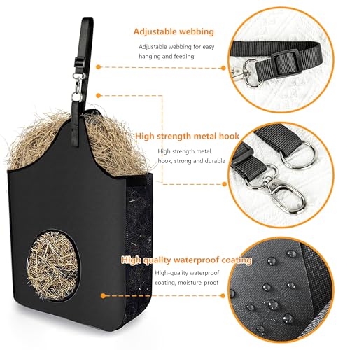 2 Pcs Hay Bag Hanging Goat Feeder Tote with Adjustable Strap | Premium Oxford Cloth with metal ring,Breathable mesh sides,for Horses Donkeys Cows Alpacas Ostriches & Other Animals,Black - color: black-2