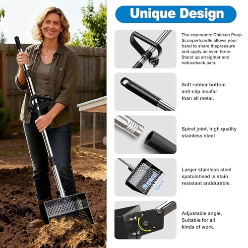 2-in-1 Chicken Poop Scooper & Rake 12-Inch Large Metal Shovel Head Adjustable Stainless Steel Handle (24 to 64") Litter Sifting Shovel Cleaning Tools for Chicken Run, Animal Farm (Black) - color: Black