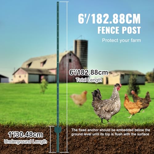 VEVOR 6 Feet Fence Post, 10 Pack U-Channel Heavy Duty Metal Fence Posts with 40 Zip Ties & 20 Clips, Sturdy Steel Fence Stakes for Garden Yard, Lawn, Farms and Outdoor Wire Fencing, Green - size: 6 Feet 10 Pack
