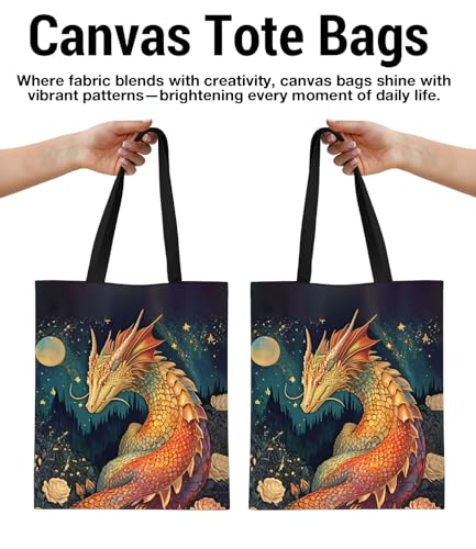 Vintage Botanical Animal Canvas Tote Bag for Women, Aesthetic Floral Animal Reusable Shoulder Bag for Shopping - color: Dragon_02