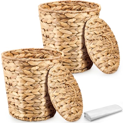Ctosree 2 Pcs Wicker Trash Can Basket Woven Waste Basket with Lid Bathroom Wastebasket Garbage Bin with 100 Pieces of Trash Bags for Bedroom Farmhouse Home Office Kitchen(Medium) - color: Brown, size: Medium