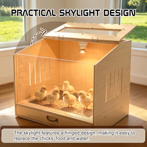 Wooden Chicken Brooder Box with Heating Lamp, 20x18x16 Inch Brooder Box with Mesh Bottom Drawer for Waste Collection for Ducks, Chicks, Hamsters, Lizards