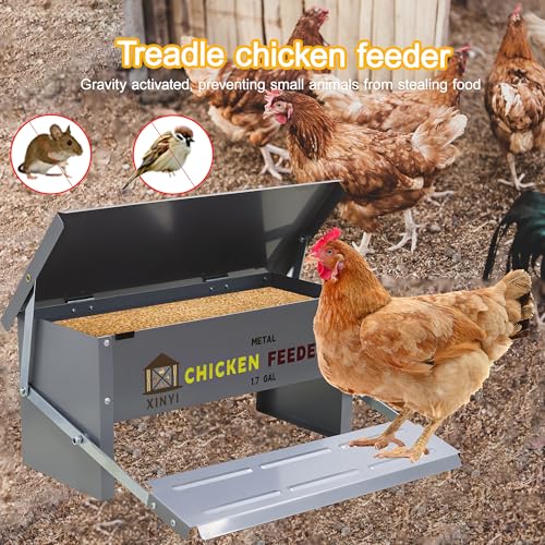 XINYI Chicken Treadle Feeder,12 Lbs Metal Treadle Feeder, No Waste & Rodent Proof Chicken Feeder with Weatherproof Lid, Suitable for Bantams, Poultry, Pheasants - 1.7Gallon Capacity - size: 1.7Gal