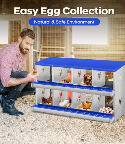 8 Compartment Chicken Nesting Box, Heavy Duty Metal Laying Box with Perch, Easy Assembly & Easy Clean for Outdoor Chicken Coop, Blue - color: Blue, size: 8 Compartment