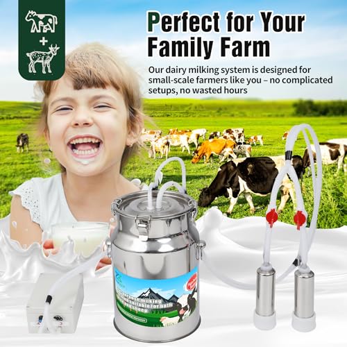 2-in-1 Upgrade 2.6Gal/10L Portable Electric Milker, Milking Machine for Cows and Goats with Food-Grade Stainless Steel Bucket, 4 Teat Cups and Pulsation Vacuum System for Farm,Ranch and Home Dairy Use - size: 10L Two-in-One Milking Machine