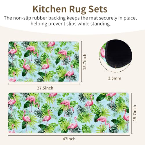 Green Leaves Kitchen Rug Set, 2 Piece Non-Slip Floor Mat with Colorful Daisy Flower Design - color: Green Leaves