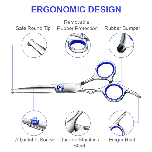 TINMARDA Dog Grooming Kit, Professional Stainless Steel Dog Grooming Scissors with Curved Shears, Blue Finger Rings - 5 Piece Sharp Durable Pet Shears for Dogs Cats At Home Salon-Quality Grooming - color: Blue, size: 5 Piece