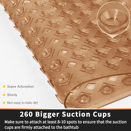 Yimobra Bathtub Mat Non Slip, Super Strong Suction Cups, 27.5"X15.5" Long Shower Mat with Drain Holes, Machine Washable Fast Draining Bath Mats, Bathroom Essentials,Clear Brown - color: Clean Brown, size: 27.5 X 15.5 Inch
