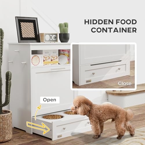 PawHut Dog Feeding Station with Raised Bowls, Pet Feeder Station, White | Dog Food Storage Cabinet, Hanger for Feeding & Watering Supplies - color: White