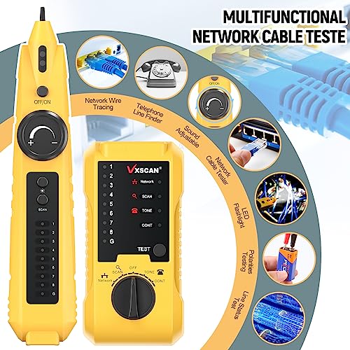 Network Cable Tester, Line Finder Ethernet/Telephone/Cat5/6 RJ11/45 | Checks Shorts/Open/Cross/Break Points without Wire Damage, Polarity & Line Level. Tel Status: Idle/Ring/Off-Hook, TIP/RING