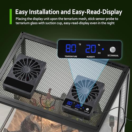 2 PCS Reptile Ventilation Fan with Thermo-Hygrometer | Air Circulation Fan for Terrariums, Enclosures & Aquariums | Quiet Cooling & Ventilation System