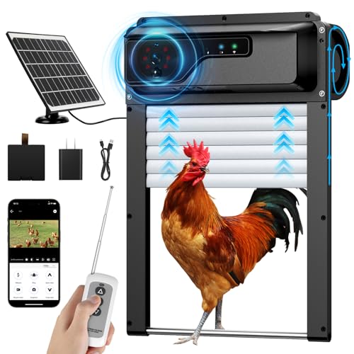Automatic WiFi Chicken Coop Door with HD Camera, Door Status Display, Talkback Function, APP, Timer, Remote Control and Anti-Pinch, 5000mAh Battery Operated & Solar Powered Auto Chicken Door Opener