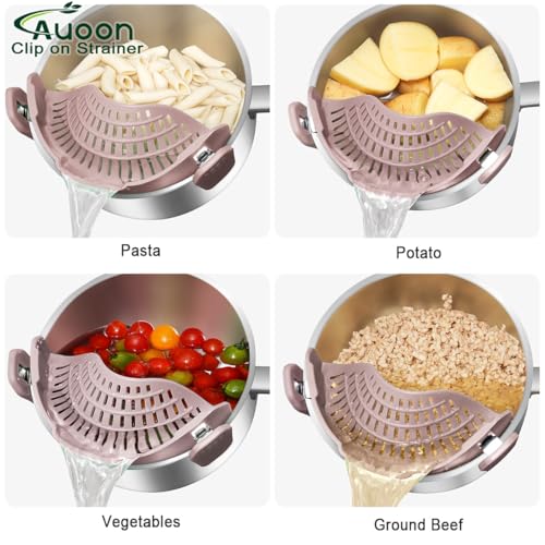 AUOON Pot Strainer Clip on Silicone, Large 10.45 x 4.33 in, Almond Rose | Fits Pots Pans Bowls, Dishwasher Safe, for Pasta Noodles Vegetable Fruits, Space-saving Kitchen Gadget - color: Almond Rose, size: Large 10.45 x 4.33 in