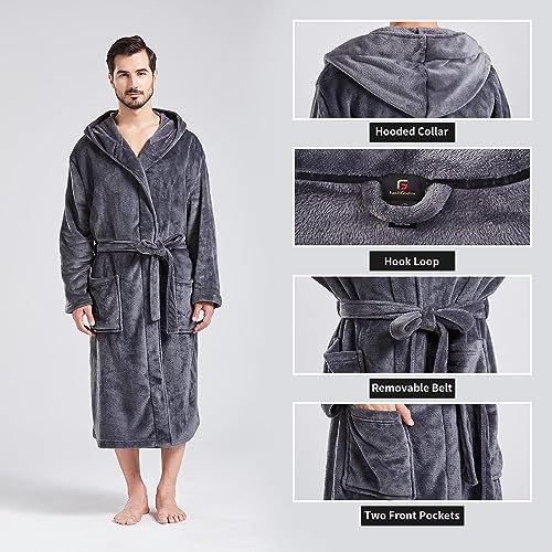 FashGudim Mens Hooded Robe Plush Shawl Collar Kimono Bathrobe Soft Warm Flannel Fleece Spa Robes House Coat Pajamas - color: Grey, size: Small-Medium