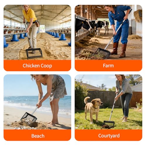Chicken Poop Scooper,2-in-1 Scoop Shovel&Poop Rake,35-75”Adjustable | Ergonomic Handle Metal Pooper Scooper, Litter Sifting Shovel For Henhouse, Sand, Cattle Shed