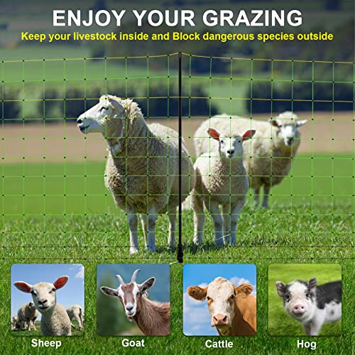 TMEE Electric Fence Netting Livestock Fencing for Goat with 14 Posts Double Spiked, Portable Mesh for Sheep, Deer, Hogs, Dogs in Backyards, Farms and Ranches, 49.6" H x 164' L, Green - size: 49.6" H