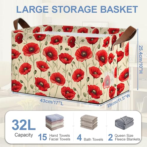 Vintage Poppy Flower Storage Baskets,Foldable Large Capacity Organizer Bins with Waterproof Lining and Leather Handles for Closet,Shelf,Bedroom 17x11.5x10Inch - color: Vintage Poppy Flower