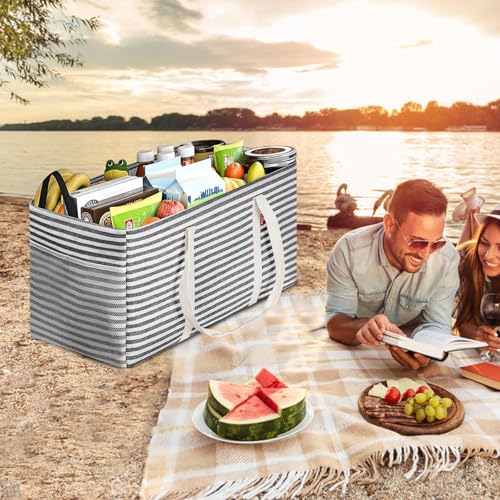 LHZK Standing Extra Large Utility Tote Bag with Metal Wire Frame and the Sides Rinforced, Extra Large Tote Bag with Handle, Reusable Grocery Bags Foldable, Beach Bag, Car Tote, Black, 26''x15''x13'' - color: Black/White, size: 26''x15''x13''-1 Pack