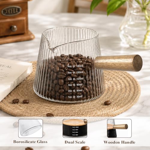 6OZ Espresso Shot Glass Cups Coffee Measuring Cup Coffee Bar Accessories | With wood handle, V-shaped, spout ribbed milk frothing pitcher spouts cup for coffee milk sauce